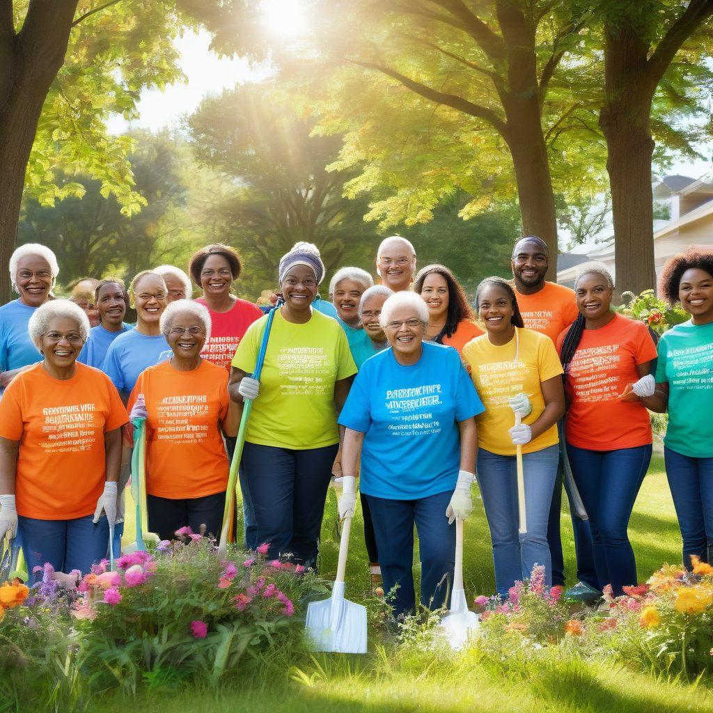 A diverse group of community members actively engaging in a neighborhood clean-up, showcasing teamwork and collaboration. Include volunteers of different ages and backgrounds, wearing matching t-shirts, with tools and trash bags in hand. In the background, display a vibrant park and a colorful banner that reads 'Community Involvement Day'. sunlight streaming through trees to create a warm atmosphere. vibrant colors. super-realistic.