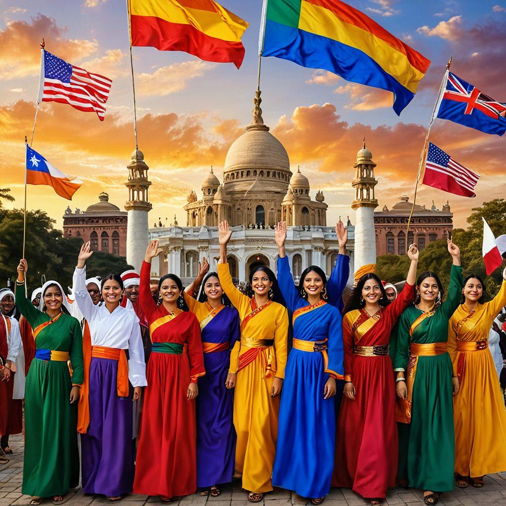 A group of diverse individuals proudly waving their national flags, surrounded by symbols of cultural heritage like traditional clothing, monuments, and festive decorations. In the background, a warm sunset reflects unity and hope in the sky, creating an atmosphere of celebration and pride. The scene embodies the essence of democratic values and cultural richness. vibrant colors. super-realistic.