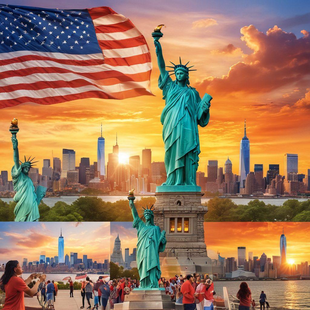 A dynamic collage of iconic American symbols like the American flag, the Statue of Liberty, and a diverse group of citizens engaging in community service. The background features a vibrant sunset over a city skyline, representing hope and unity. Warm, inviting colors should dominate the scene, evoking a sense of pride and civic duty. super-realistic. vibrant colors.